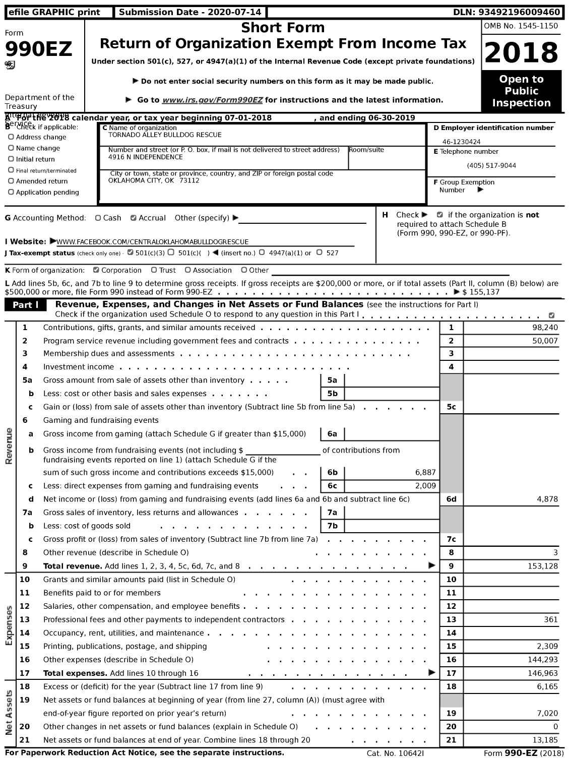 2019 Form 990 For Tornado Alley Bulldog Rescue Cause Iq